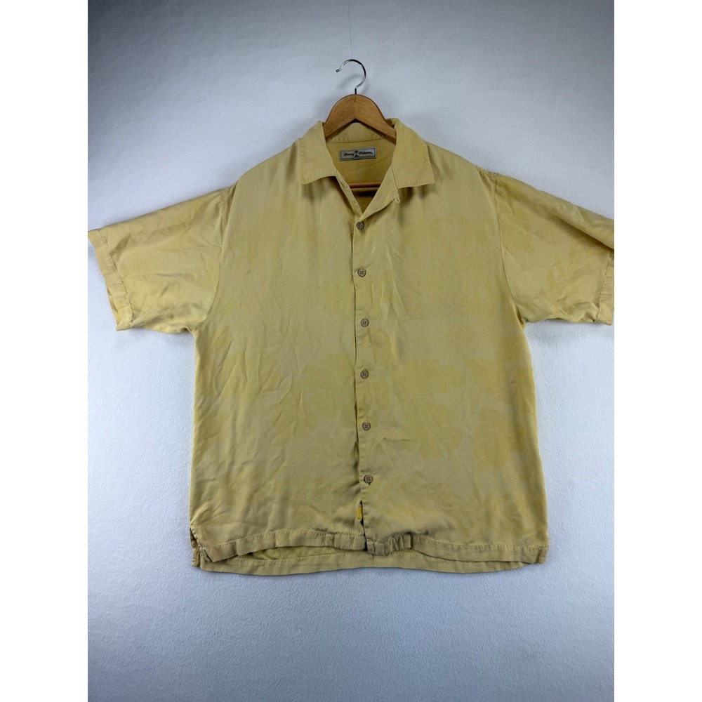 Tommy Bahama Shirt Mens XL Yellow Tropical Silk Blend Short Sleeve Camp ButtonUp
